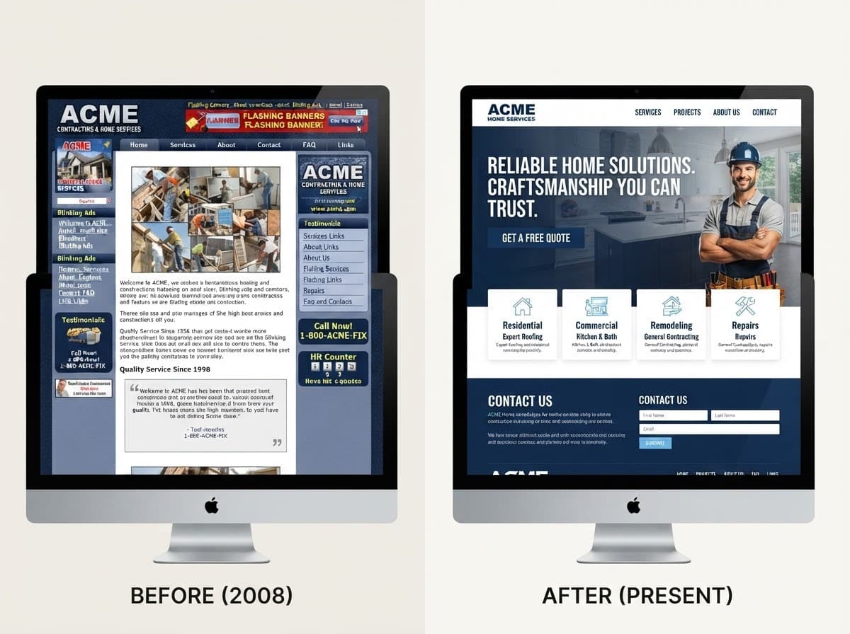 Website before 2008 redesign compared to the modern after version